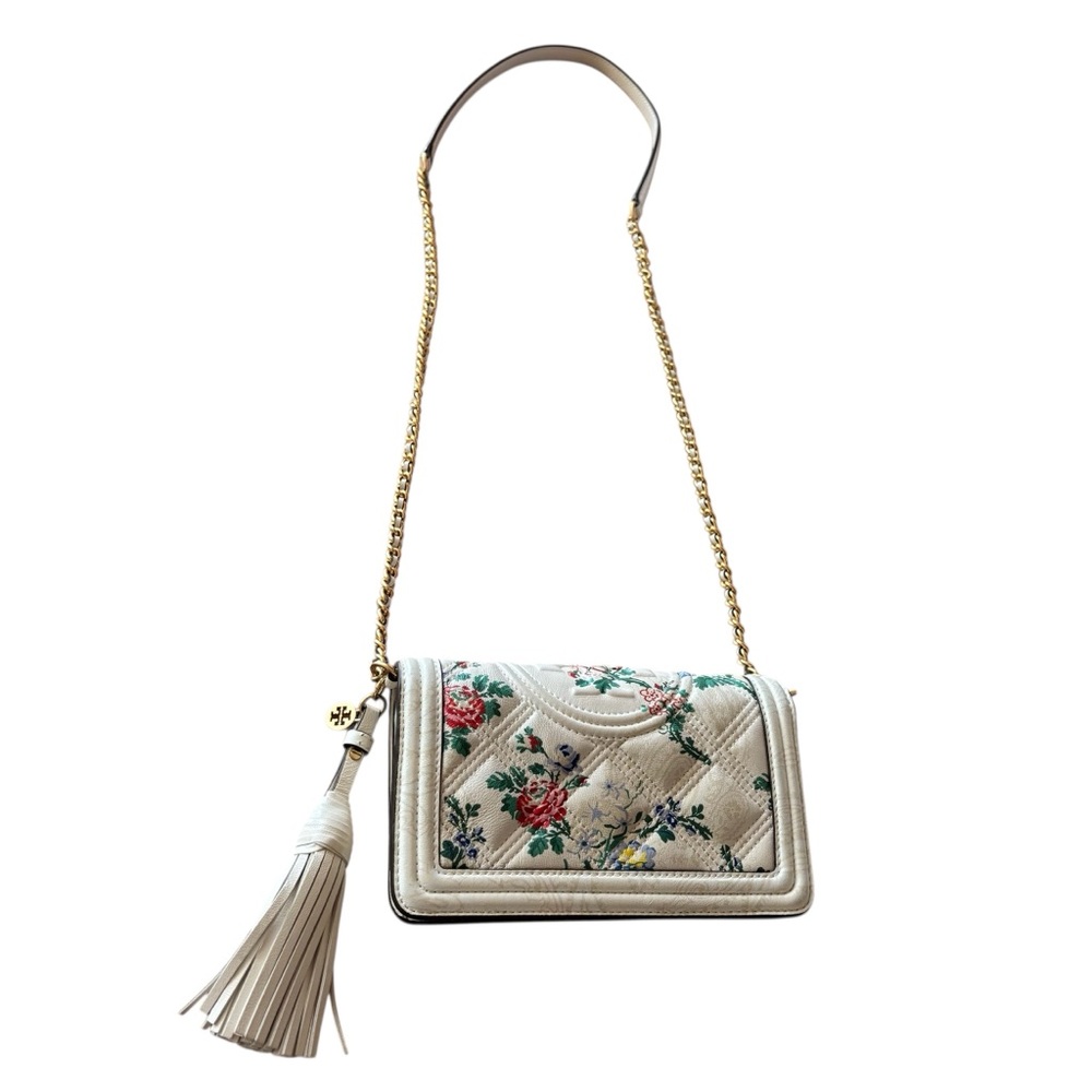 Tory Burch Quilted Floral White Leather Crossbody Bag with Tassel - Picture 4 of 8